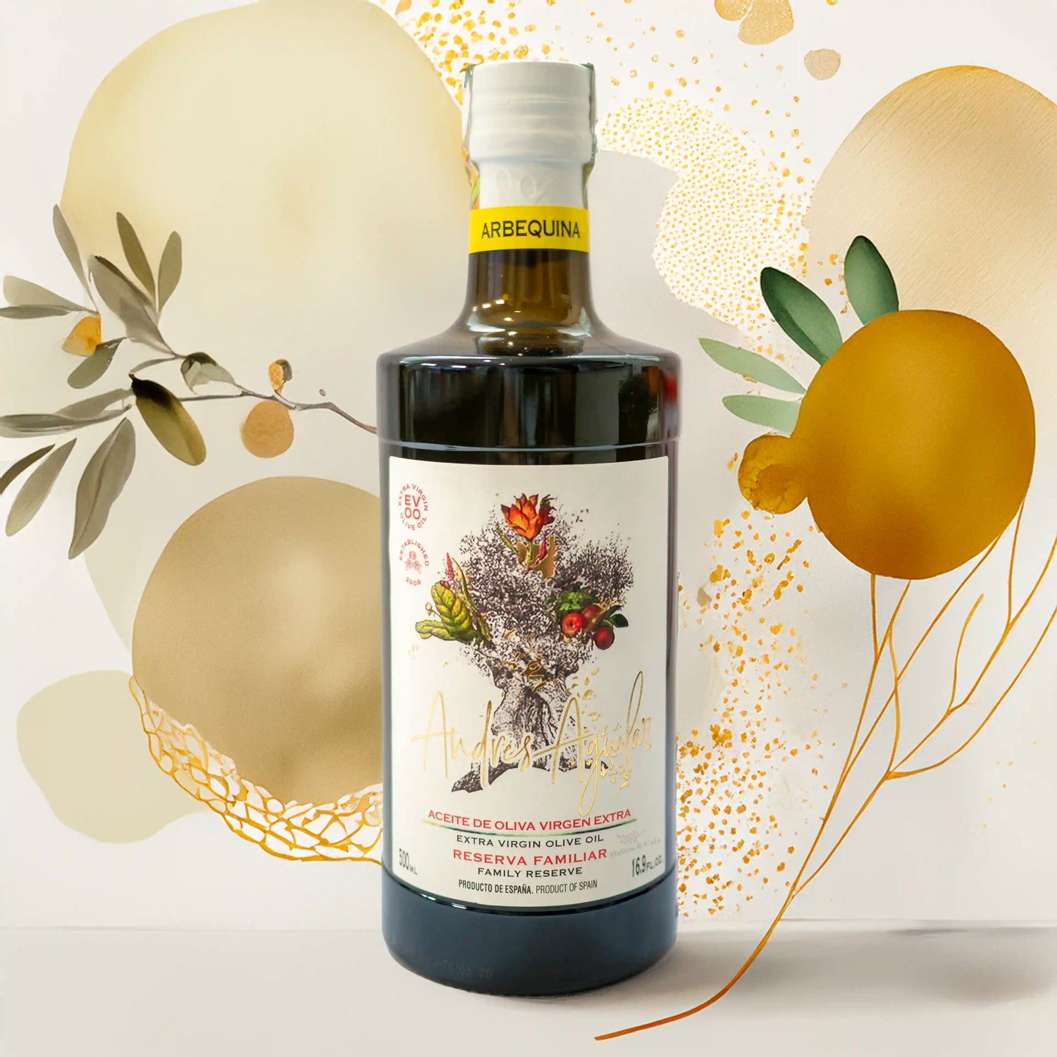 Aceite de Oliva Virgen Extra Premium Andres Aguilar arbequina con fondo de pintura artístico