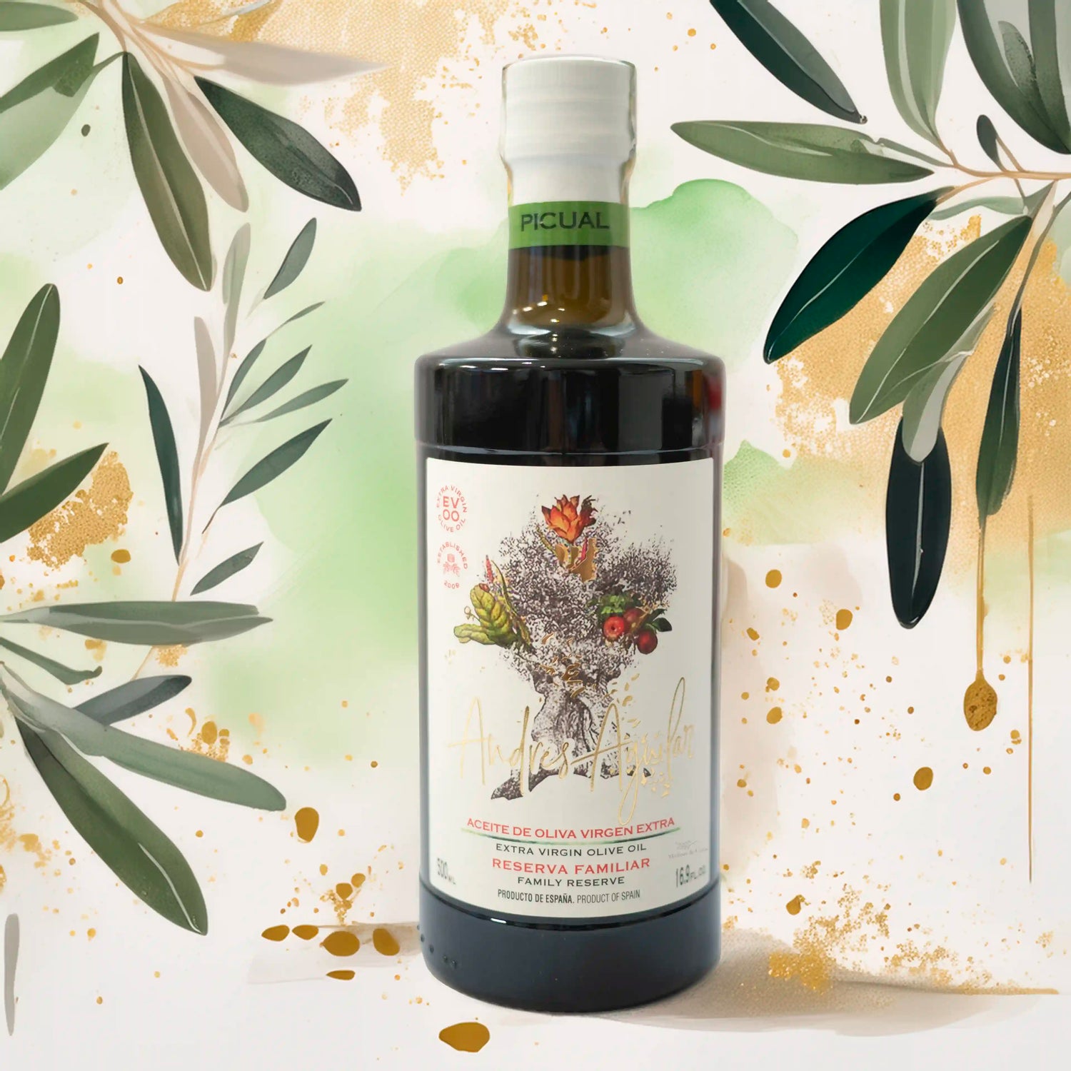 Aceite de Oliva Virgen Extra Premium Andres Aguilar Picual con fondo decorativo de pintura