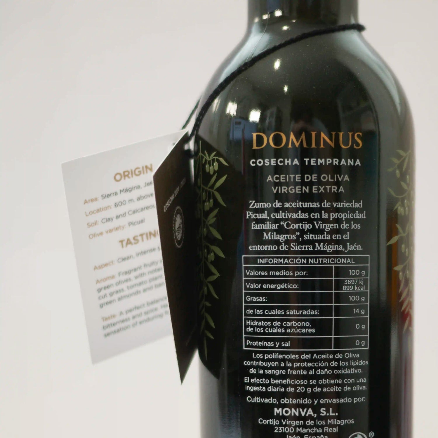Aceite de Oliva Virgen Extra Premium Dominus Cosecha Temprana detalle de la etiqueta trasera