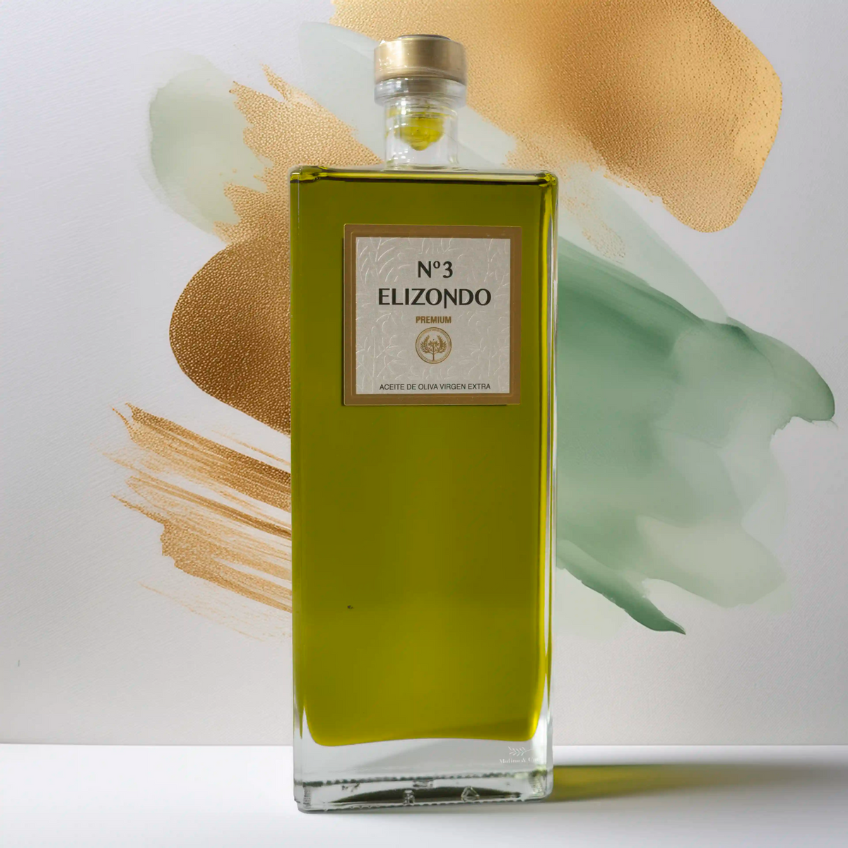 Aceite de Oliva Virgen Extra Elizondo Nº 3 500ml con fondo inspirado en la botella