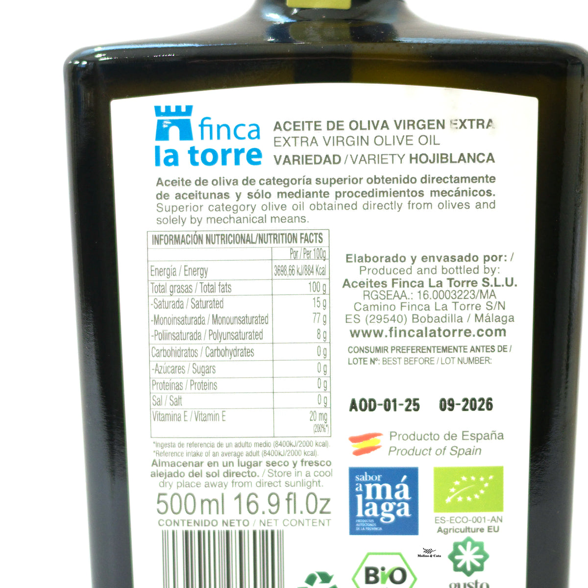 Finca la Torre Hojiblanca Aceites de Oliva Virgen Extra ecológico 500ml detalle de la etiqueta 