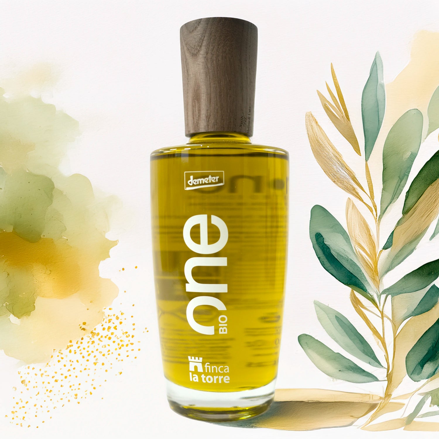 Finca la Torre Arbequina ONE Aceites de Oliva Virgen Extra 500ml botella para regalar con fondo artístico en acuarela inspirado en el diseño de la botella