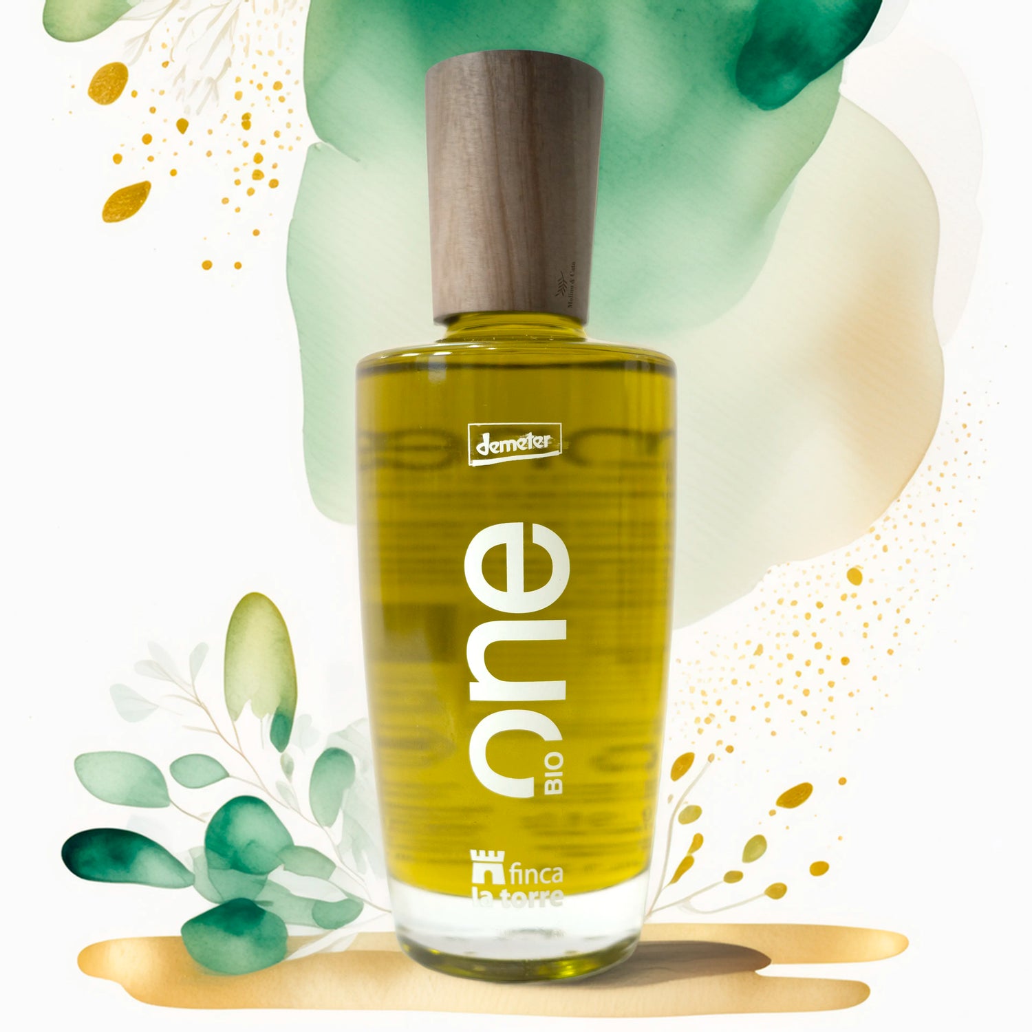 Finca la Torre Hojiblanca ONE Aceites de Oliva Virgen Extra 500ml botella para regalar con fondo artístico inspirado en el diseño de la botella