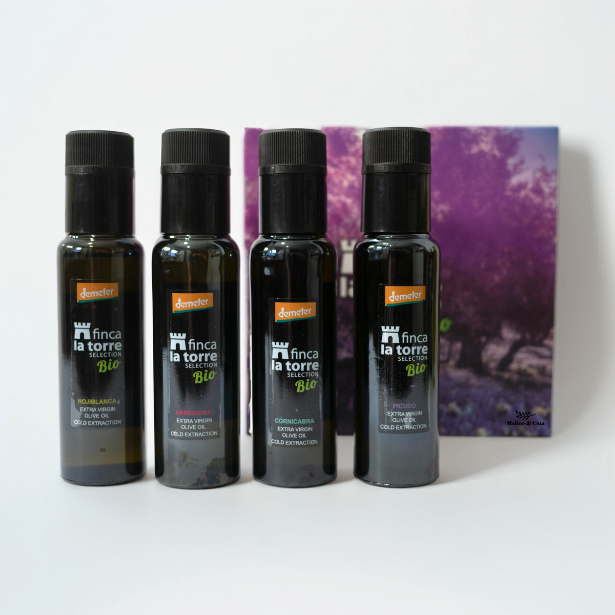 Finca la Torre Aceite de Oliva Virgen Extra Pack de Cata cuatro variedades Picudo, Hojiblanca, Arbequina y Cornicabra 100ml cuatro botellas con la caja ecológico