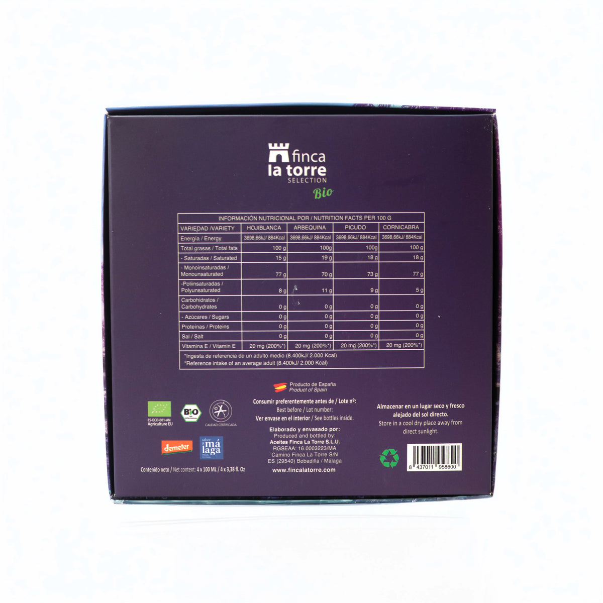 Finca la Torre Aceite de Oliva Virgen Extra Pack de Cata cuatro variedades Picudo, Hojiblanca, Arbequina y Cornicabra 100ml imagen trasera