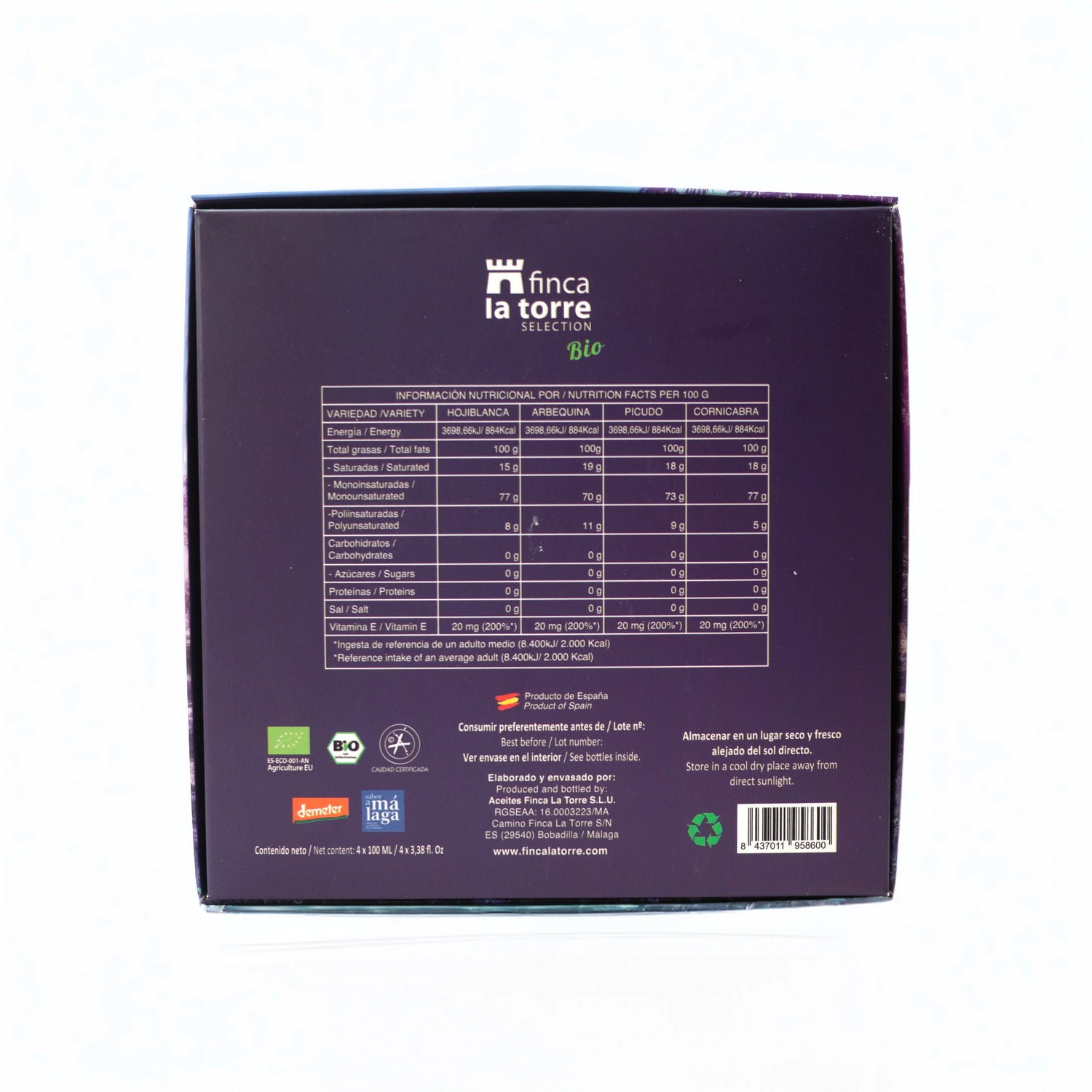 Finca la Torre Aceite de Oliva Virgen Extra Pack de Cata cuatro variedades Picudo, Hojiblanca, Arbequina y Cornicabra 100ml imagen trasera