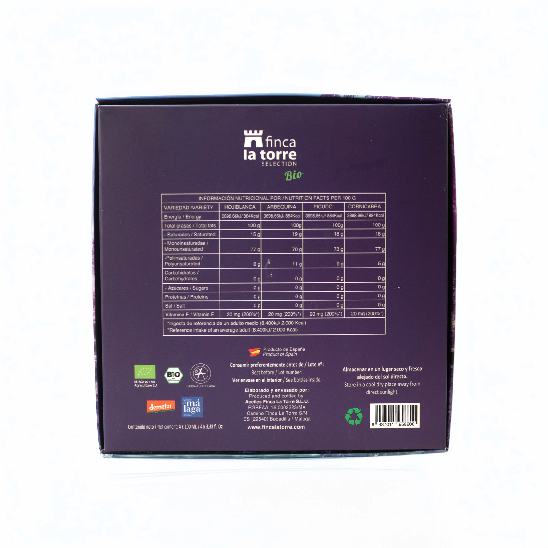 Finca la Torre Aceite de Oliva Virgen Extra Pack de Cata cuatro variedades Picudo, Hojiblanca, Arbequina y Cornicabra 100ml imagen trasera