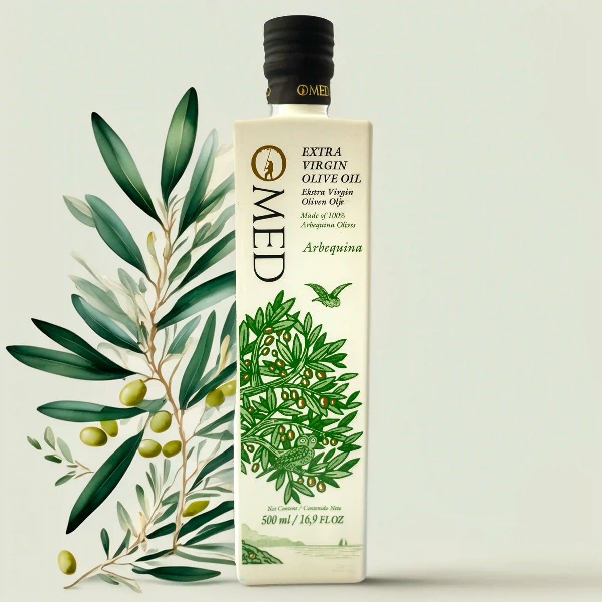 Aceite de Oliva Virgen Extra O-MED Arbequina 500ml con fondo inspirado en el diseño de la botella