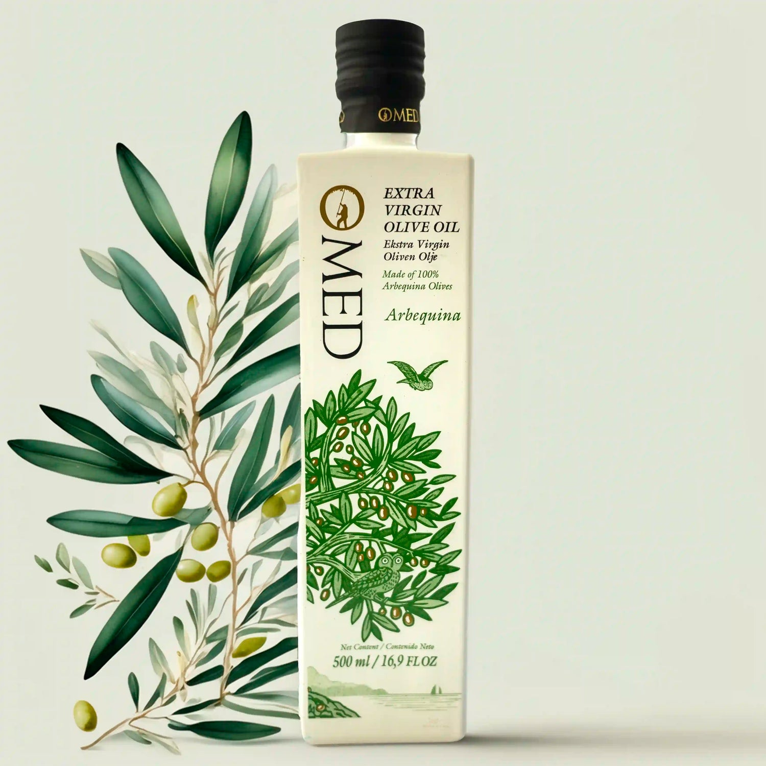 Aceite de Oliva Virgen Extra O-MED Arbequina 500ml con fondo inspirado en el diseño de la botella