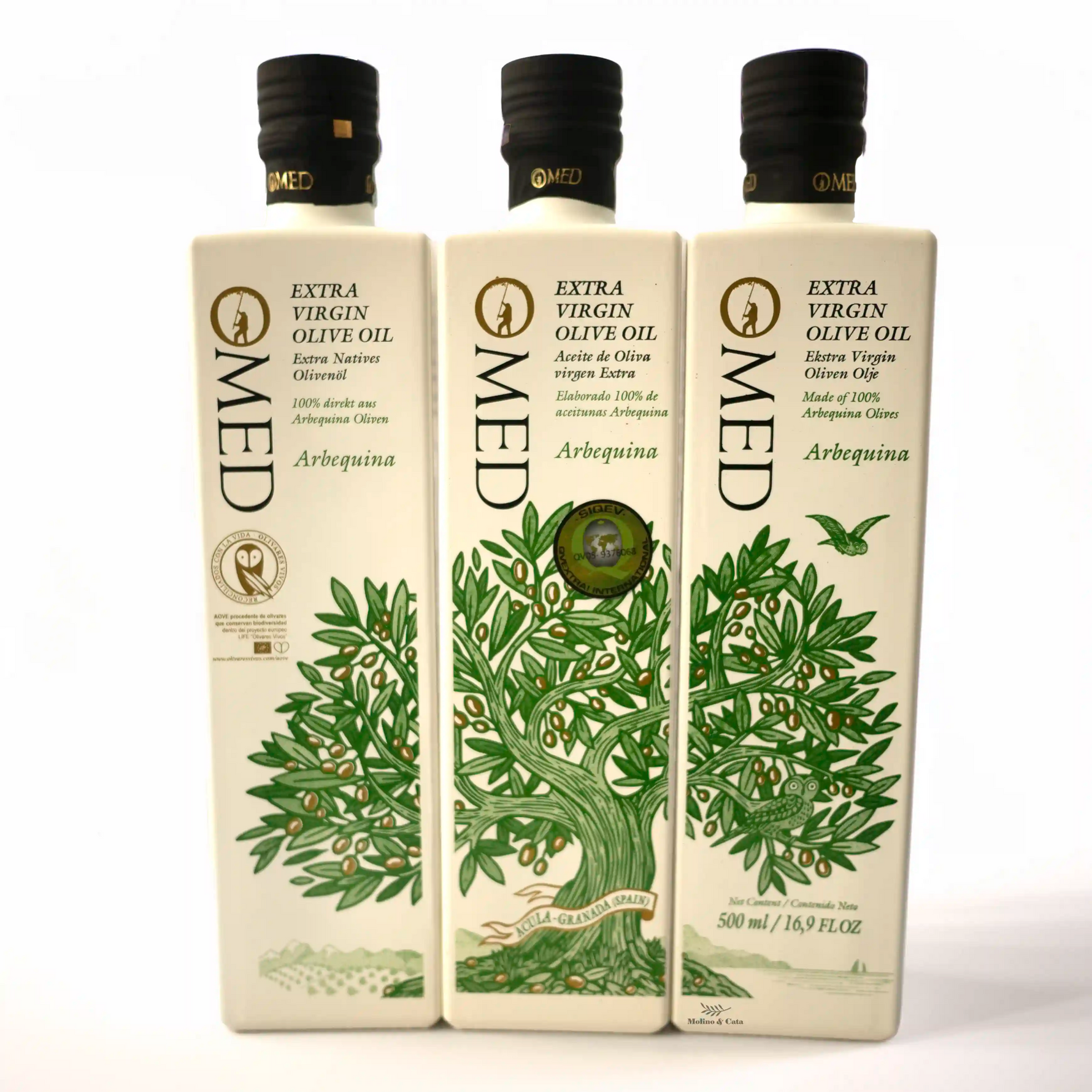 Aceite de Oliva Virgen Extra O-MED Arbequina 500ml composición tres botellas
