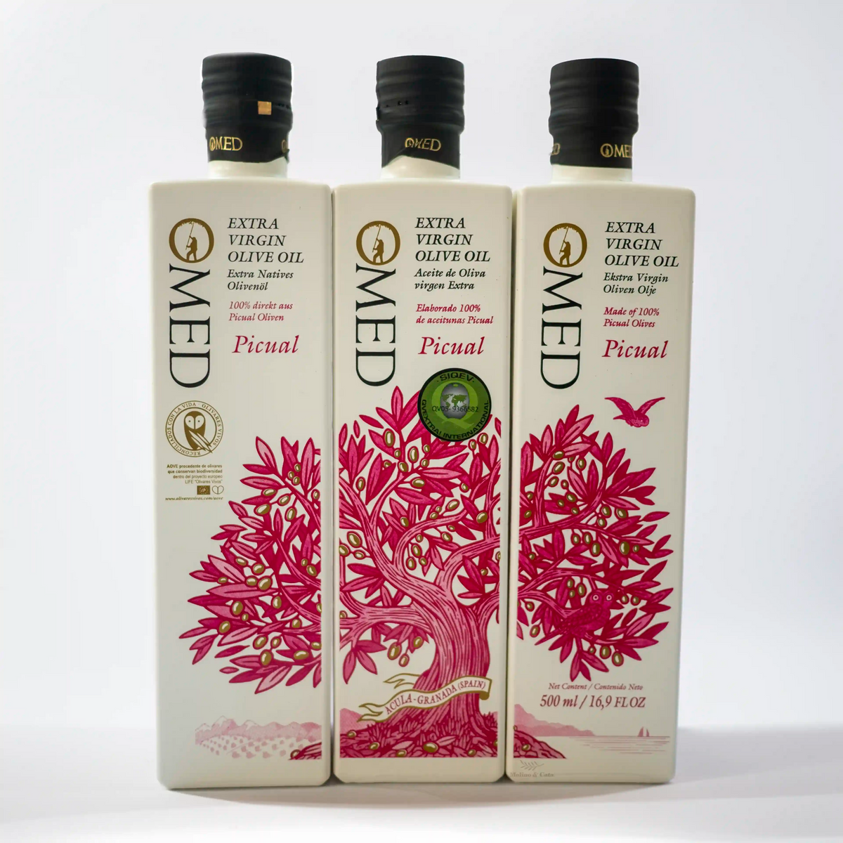 Aceite de Oliva Virgen Extra O-MED Picual 500ml composición tres botellas