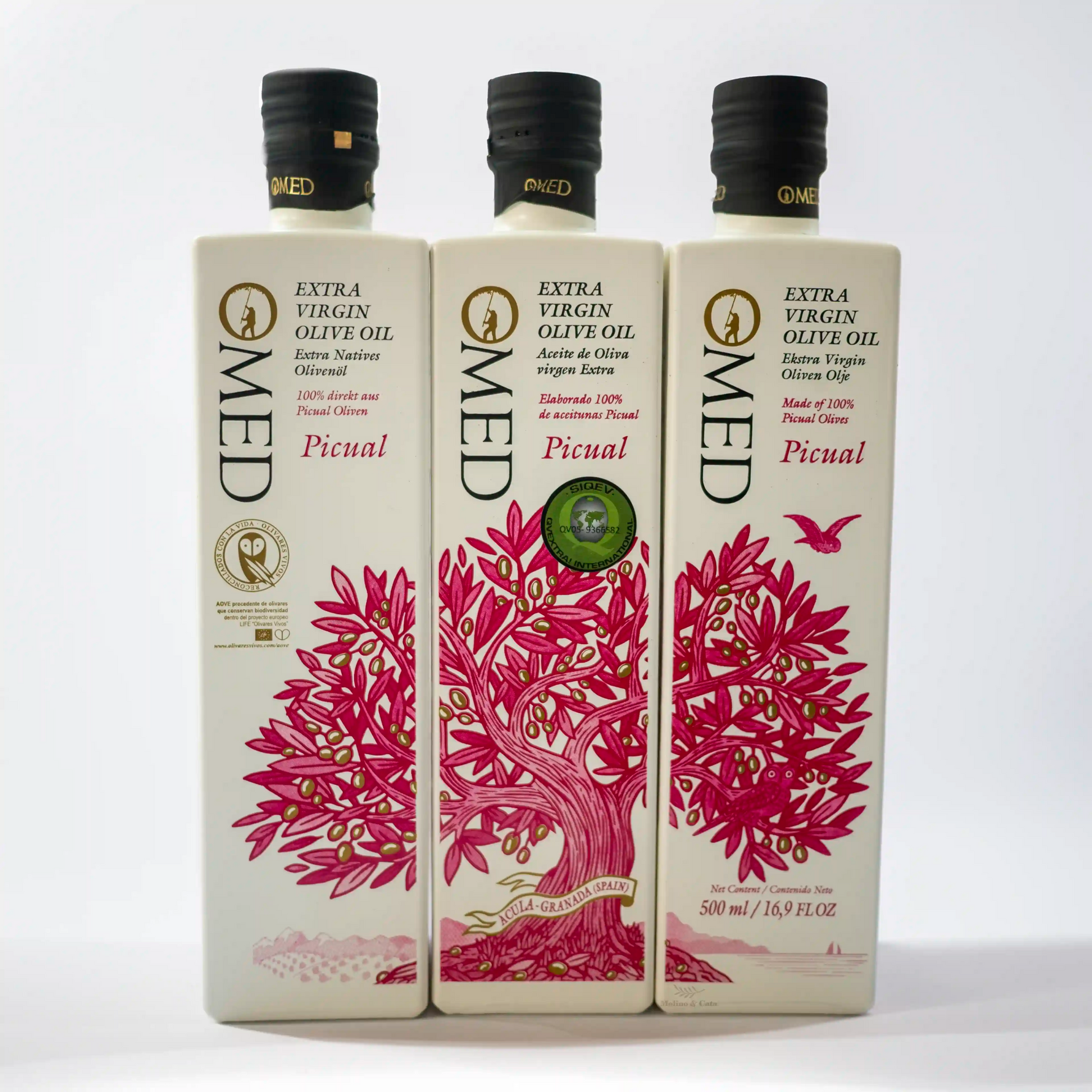 Aceite de Oliva Virgen Extra O-MED Picual 500ml composición tres botellas