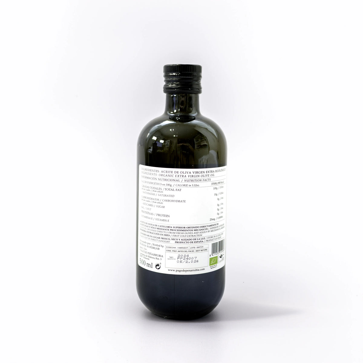 Pago de Peñarrubia Aceite de Oliva Virgen Extra Coupage Benízar Picudo Ecológico 500ml detalle de la etiqueta