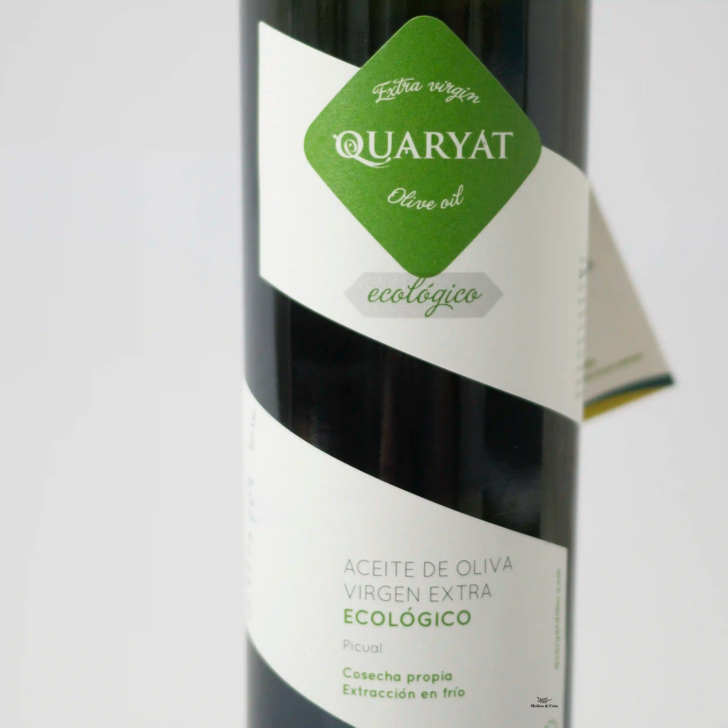 Aceite de Olliva Virgen Extra Quaryat Dillar Picual Ecológico 500ml detalle de la botella