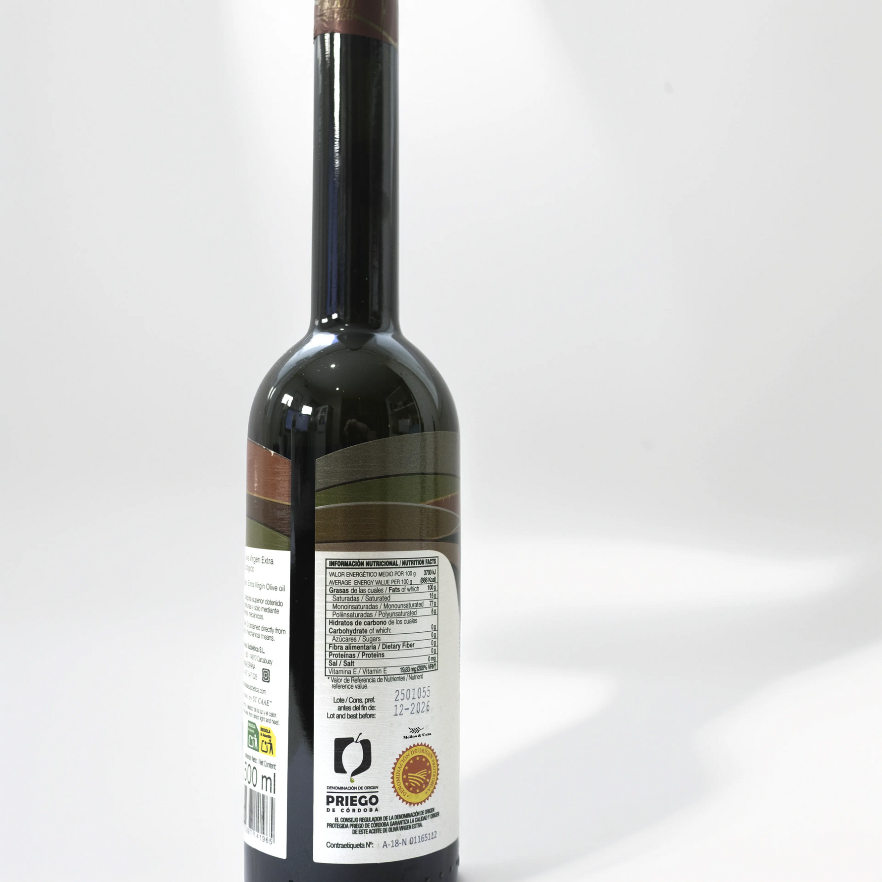Detalle de la etiqueta de botella de Aceite de Oliva Virgen Extra Rincón de la Subbética Hojiblanca 500ml de Molino y Cata