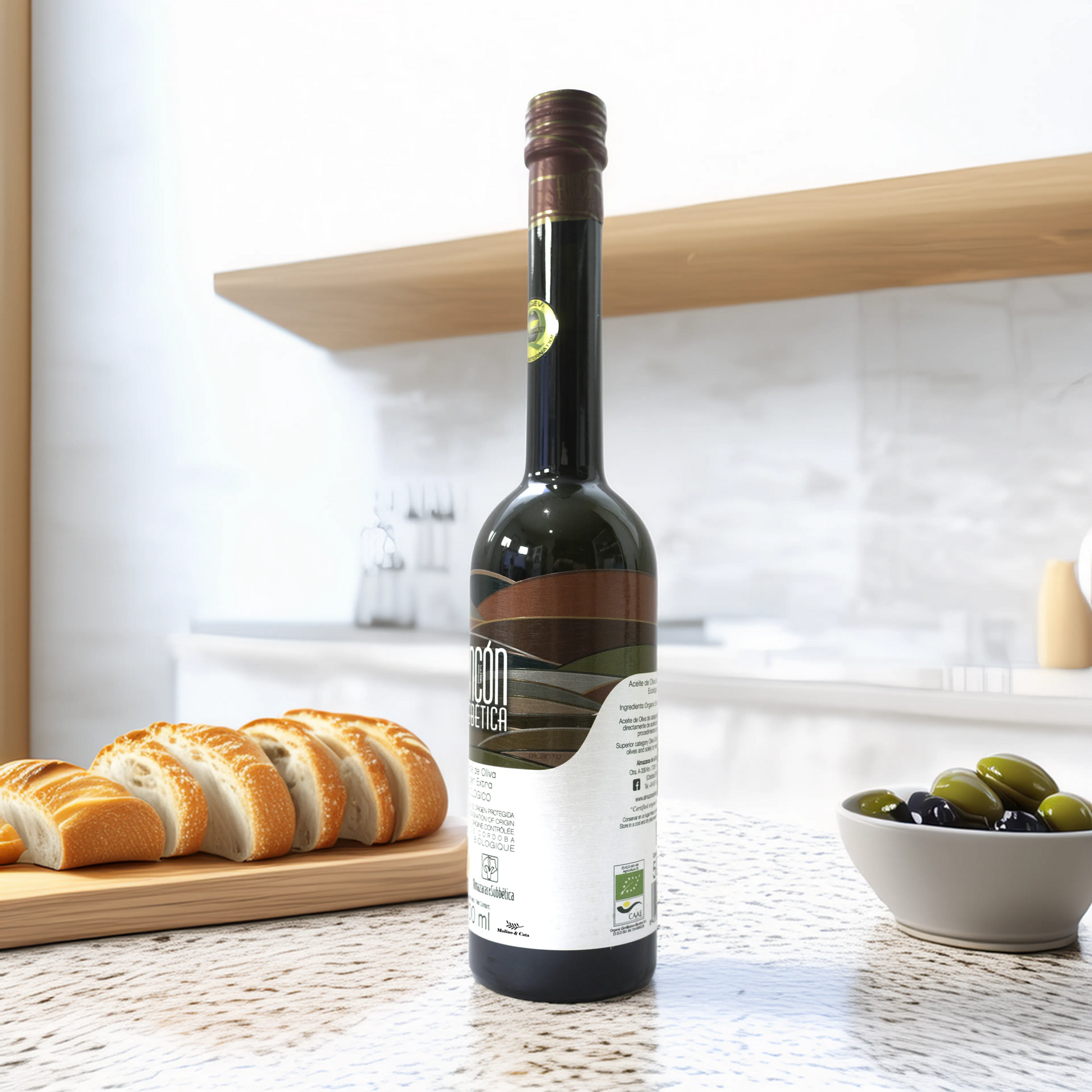 Botella de Aceite de Oliva Virgen Extra Rincón de la Subbética Hojiblanca 500ml en cocina mediterránea de Molino y Cata