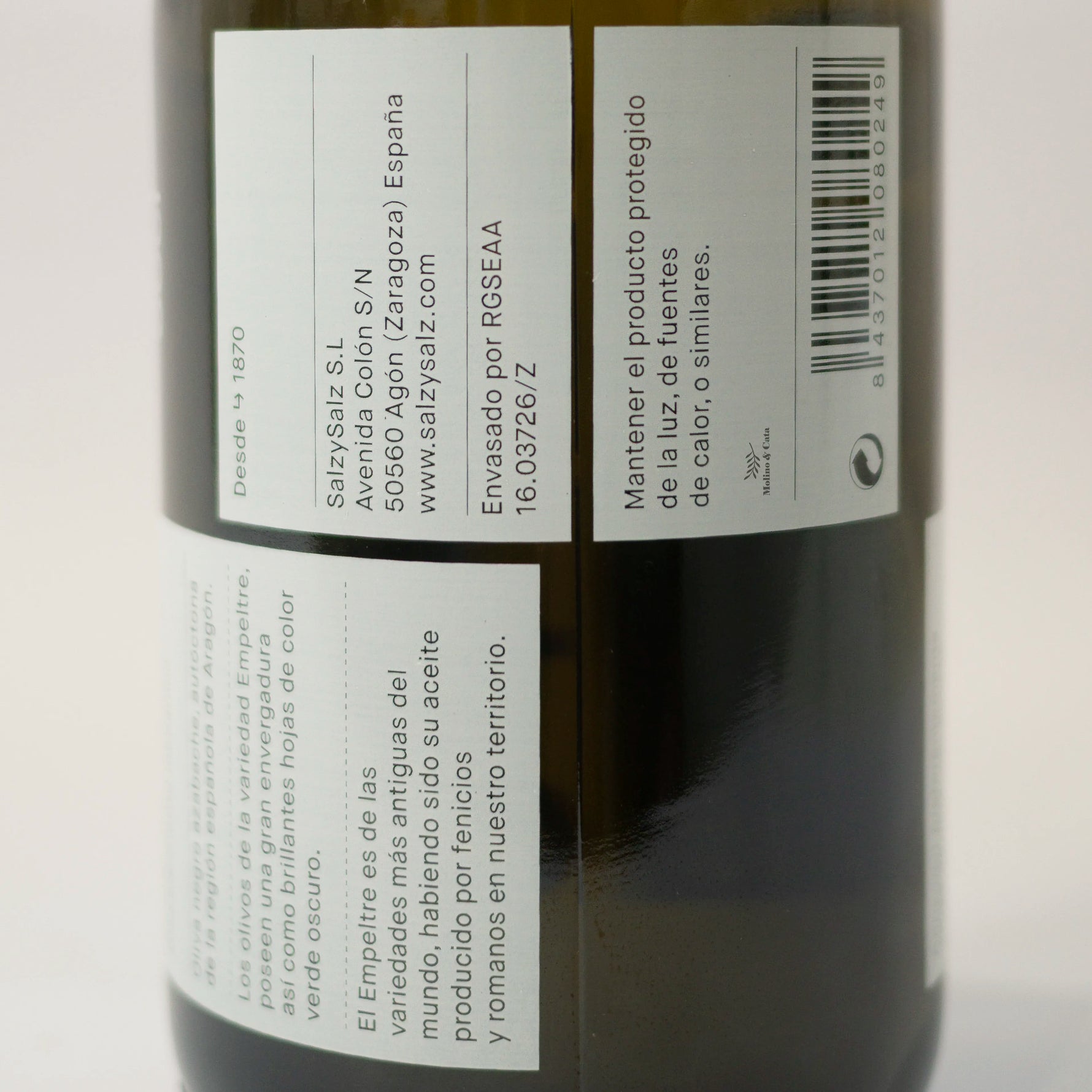SalzySalz Empeltre Aceite de Oliva Virgen Extra 500ml detalle de la etiqueta